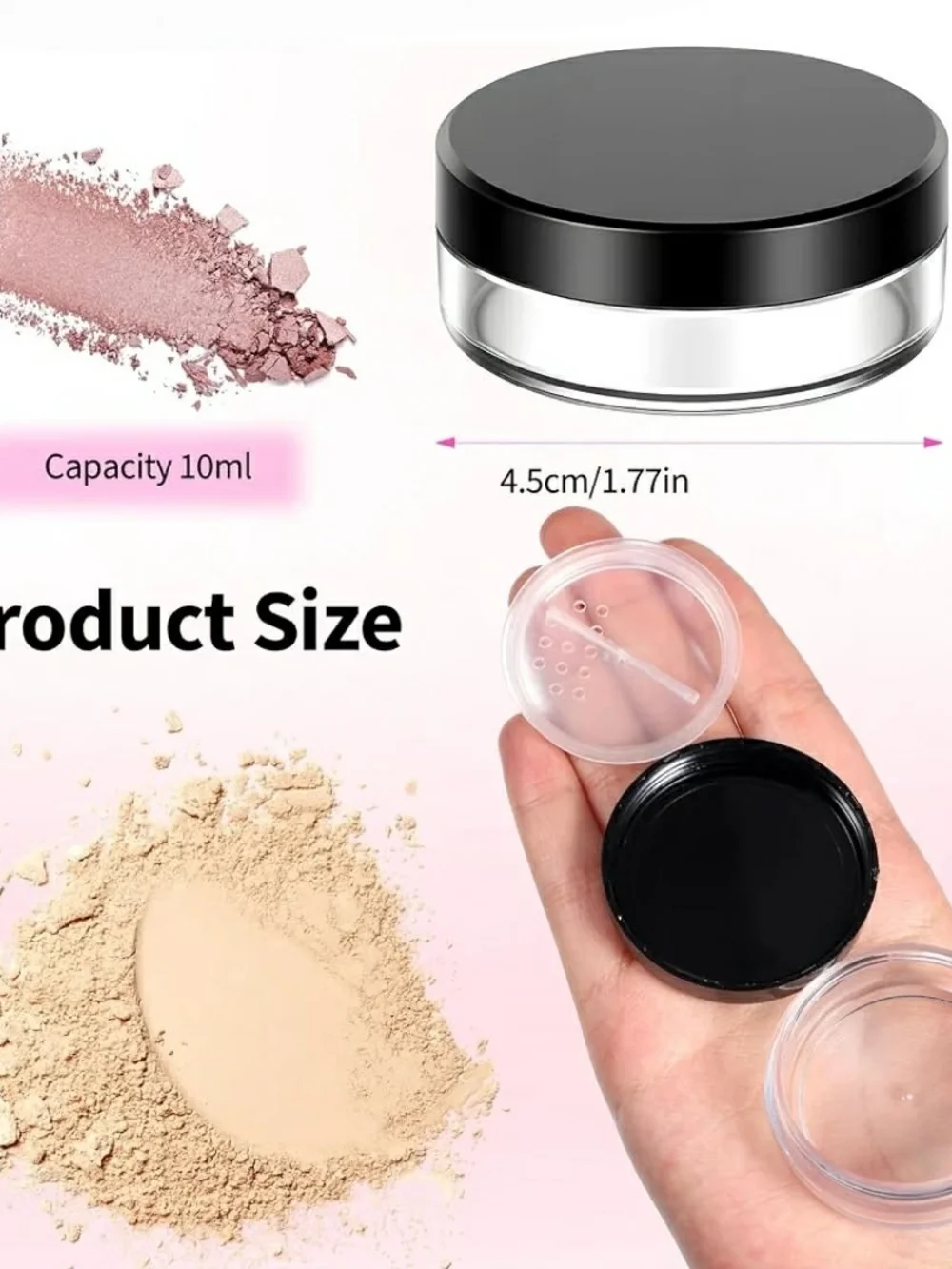 Clear Travel-Friendly Powder Cosmetic Jar with Black Screw Lid & Sifter BNIB